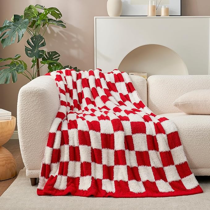 Snuggle Sac Red Checkered Valentine Blanket, Fluffy Faux Fur Ultra Soft Warm Microfiber Throw Blankets for Couch, Sofa, Chair, Bed, Red Checker, 50x60 inches