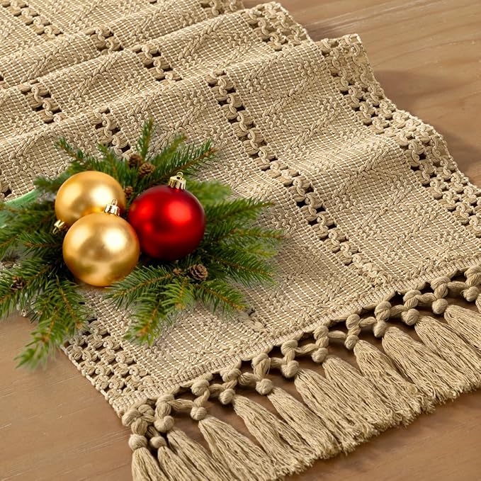 Socomi Boho Table Runner Macrame Easter Spring Farmhouse Woven Cotton Linen Rustic Coffee Table Runner with Tassels for Dresser Scarf Home Decor Dining Room 12x90 inch Champagne