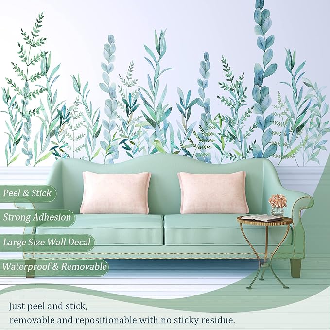 Green Hanging String of Willow Wall Decals Peel and Stick, Large Plants Vinyl Wall Stickers, Removable Vine Home Decor Art for Bedroom Living Room Classroom Office