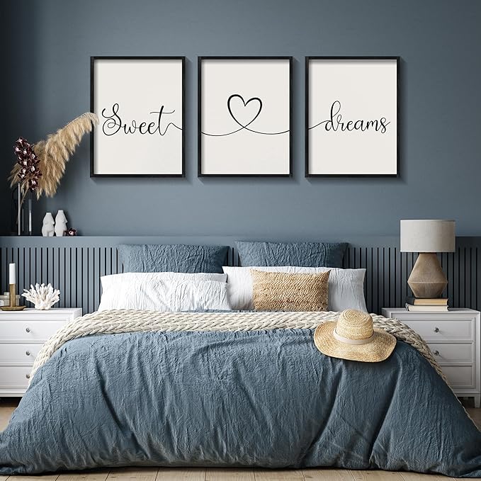 Ronasip Sweet Dreams Wall Decor for Bedroom Set of 3 Framed Wall Art for Farmhouse Rustic Home Master Bedroom Decor (11”x14”, Black)