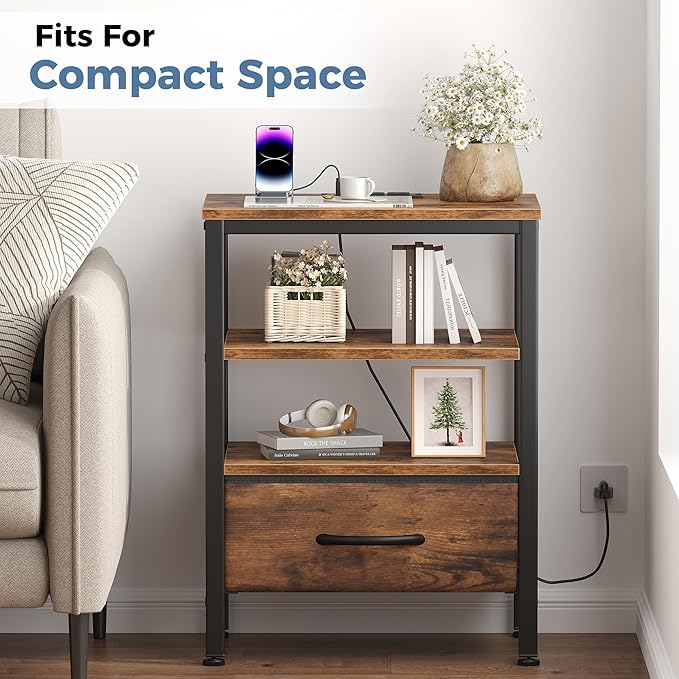 DUMOS Nightstand Set of 2 with Wireless Charging Station Bed Side Tables with Adjustable Fabric Drawers 3-Tier Storage End Tables Modern Design,Brown