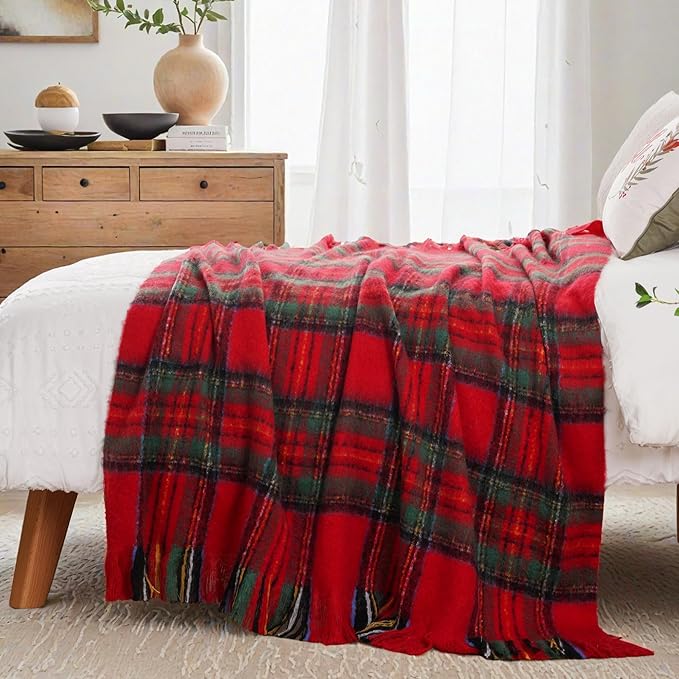 BATTILO Christmas Plaid Throw Blanket for Couch Bed, Mohair Red Tartan Plaid Blankets, Soft Cashmere Checkered Pattern, Red Christmas Throw Blankets for Home Decor (50"x60")
