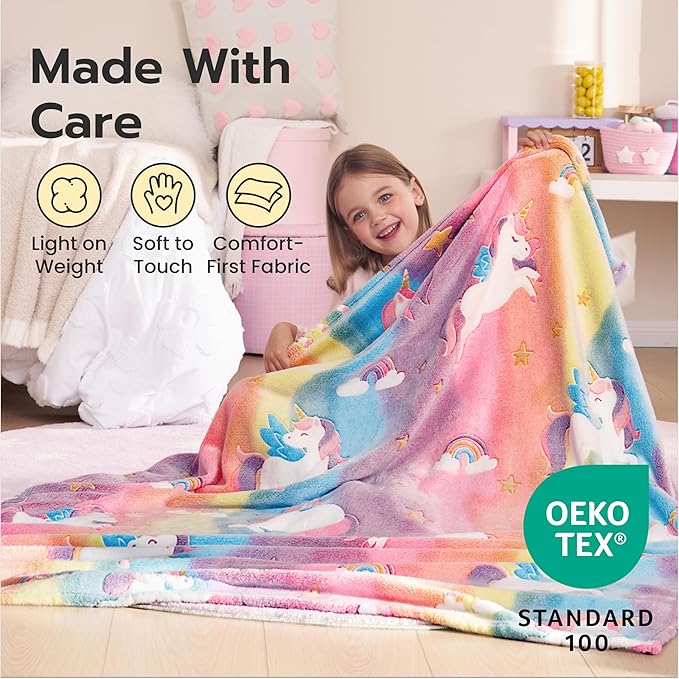 Joiedomi Glow in The Dark Blanket - Unicorns Gifts Toys for Girls Age 2 3 4 5 6 7 8 9 10 11 12 Year Old - Soft Cozy Flannel Kids Throw Blanket, Birthday Bedroom Decor 50"×60"
