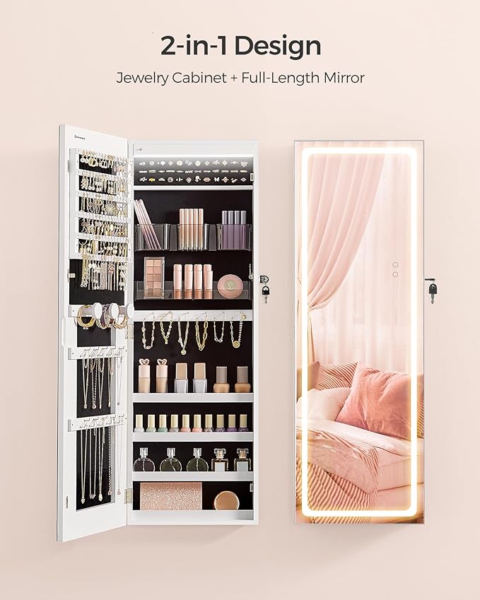 SONGMICS LED Mirror Jewelry Cabinet Armoire, Wall or Door Mounted Jewelry Storage Organizer, Hanging Lockable Frameless Mirror Cabinet with 2 Plastic Cosmetic Organizers, Gift Idea, White UJJC011W01