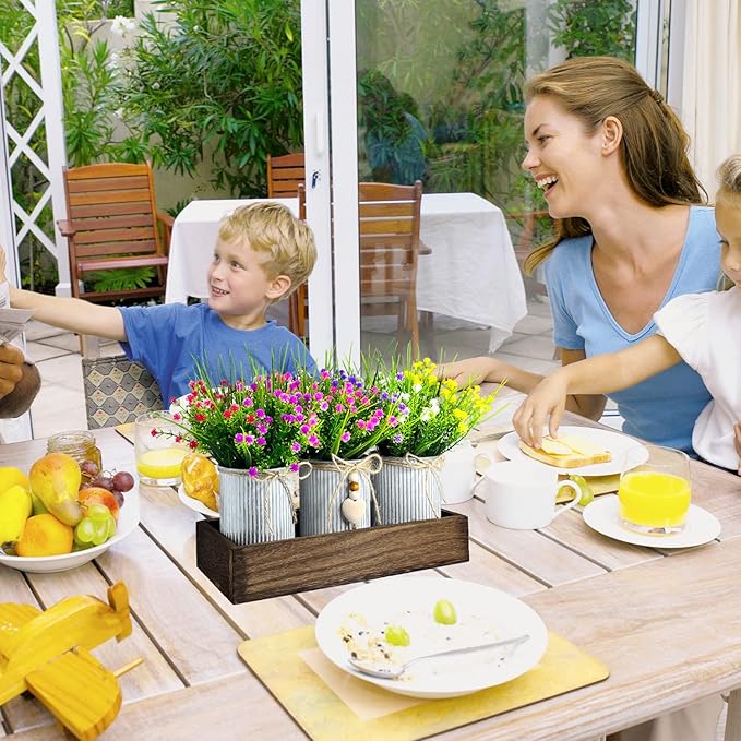 Gypsophila Baby's Breath Artificial Flowers in Rustic Metal Pots and Wood Tray, Table Centerpiece Decorations Fake Flowers for Home Décor