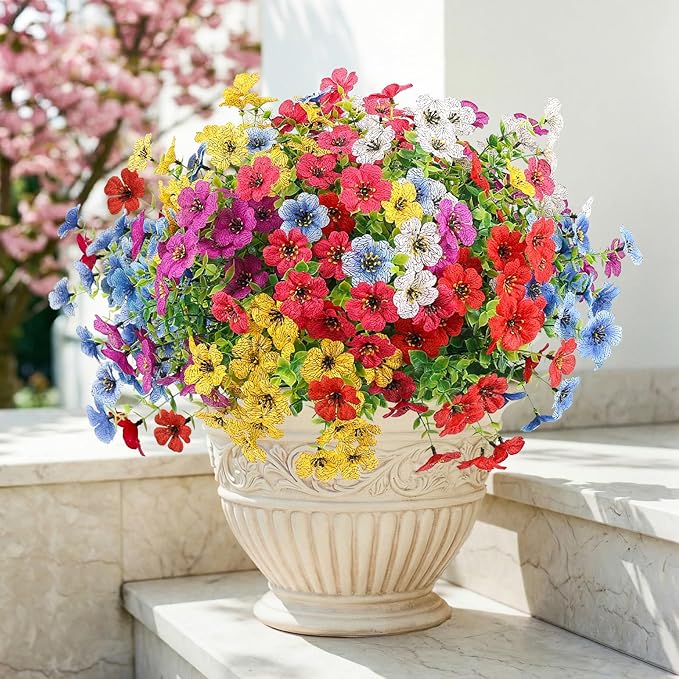 Artificial Flowers Outdoors Spring Faux Flowers UV Resistant Fake Flowers Daisy Plastic Greenery Plnats Outside Bulk for Garden Hanging Planter Patio Porch Home Decor, 12 Bundles (Multicolor)