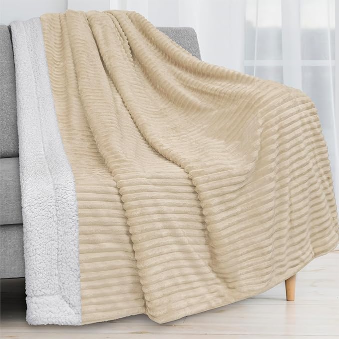PAVILIA Beige Sherpa Fleece Throw Blanket for Couch Twin, Soft Plush Fuzzy Blankets, Fluffy Flannel Sherpa Blanket for Bed, Warm 3D Ribbed Winter Blanket Gift, 60x80 inches
