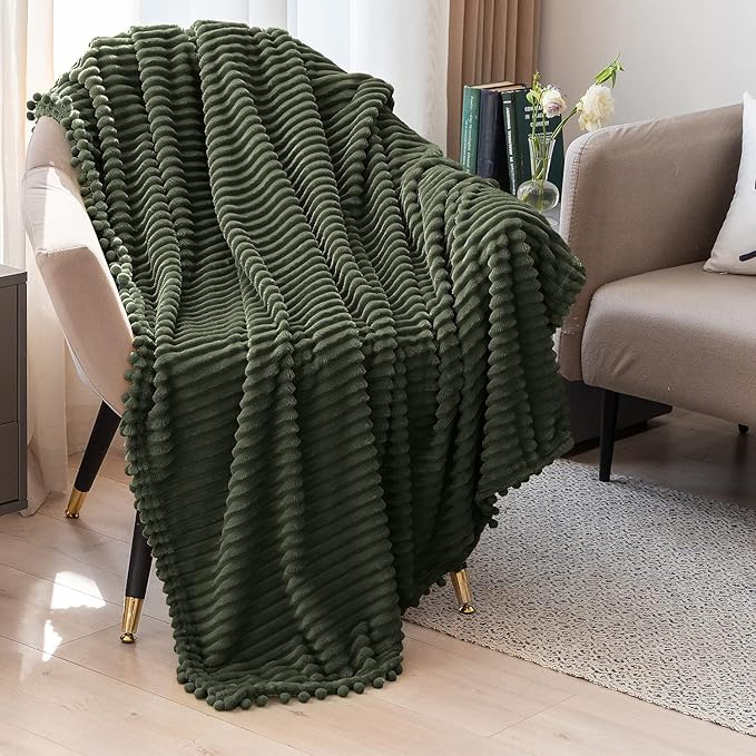 DISSA Fleece Blanket Throw Size – 51x63, Olive Green – Soft, Plush, Fluffy, Fuzzy, Warm, Cozy – Perfect Throw for Couch, Bed, Sofa - with Pompom Fringe - Flannel Blanket Throw Blanket