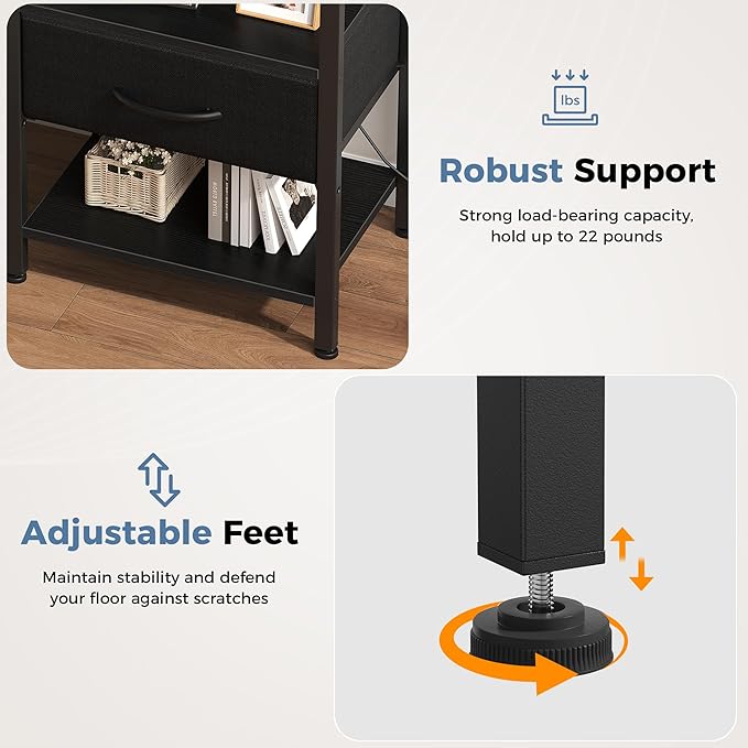 DUMOS Nightstand Set of 2 with Wireless Charging Station Bed Side Tables with Adjustable Fabric Drawers 3-Tier Storage End Tables Modern Design,Black