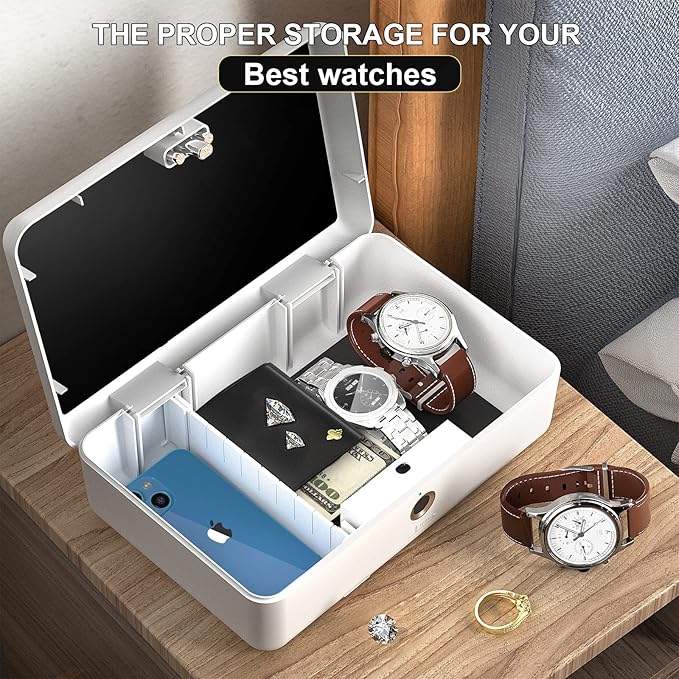 Biometric Fingerprint Storage Box,AICase Portable Cash Jewelry Security Case Lock Box Safe,Combination Lock for Car, Home,Office Travel White