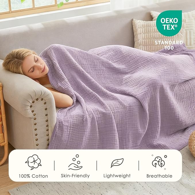 EMME Cotton Muslin Queen Blanket Bed Layering Bedspread Coverlet Breathable Gauze Soft Lightweight Adults (Heather Lavender, 90"x90")