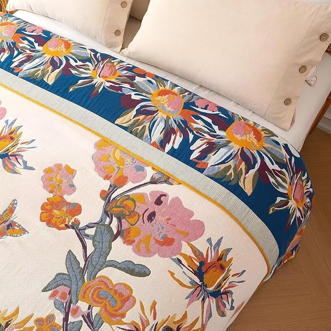 Boho Throw Blanket - 100% Cotton Soft Spring Throw Blanket for Bed, 90"x108" Reversible Breathable Lightweight Blankets, All Seasons Farmhouse Decor Floral Plant Butterfly Throw Quilt