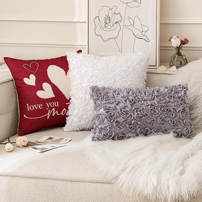 MIULEE 3D Rose Flower Pillow Cover Decorative Spring Floral Romantic Stereo Chiffon Aesthetic Solid Pillowcase for Girl Bedroom Living Room Decor 12x20 Inch Grey