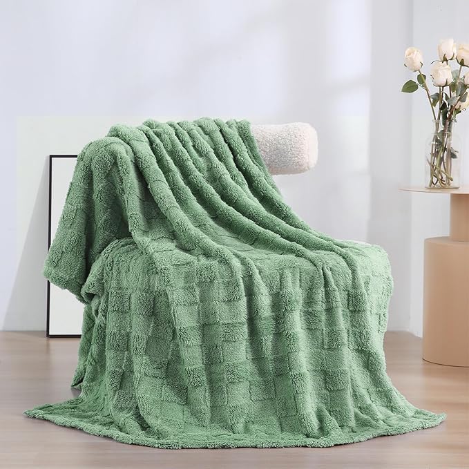 Spring Sage Green Fleece Throw Blanket 50”×60” for Couch Sofa Bed,Super Soft Cozy Plush Microfiber Flannel Blanket with 3D Checkered Design Lightweight for Adults,Woman,Girls
