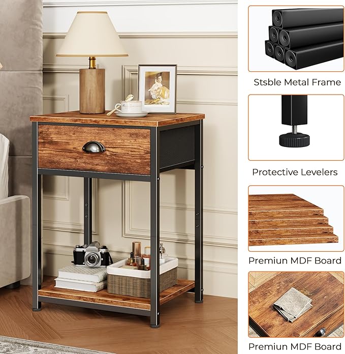 Furologee Nightstands Set of 2, Night Stand with Fabric Drawer and Storage Shelf, Retro Bedside Sofa Tables for Small Place, End Side Tables Living Room Bedroom, Rustic Brown