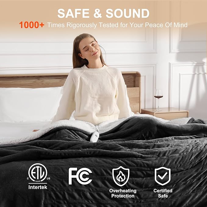 King Heated Blanket 100''X90''- Heated Blanket King Size Soft Plush Sherpa with Dual Controllers, 5 Heating Level & 10 Hour Auto Off, ETL FCC Certified, Warm Gifts for Grandma(Charcoal Grey)