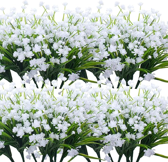 Artificial Flowers, 20 Bundles Outdoor Fake Flowers for Decoration UV Resistant Faux Plastic Plants Garden Porch Window Box Décor (White)