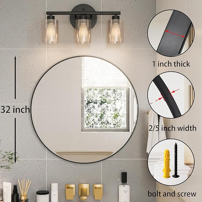 Growsun 32 inch Wall Round Mirror, Large Wall Mounted Circle Mirror Black Metal Frame for Bathroom, Entry, Dining Room, & Living Room