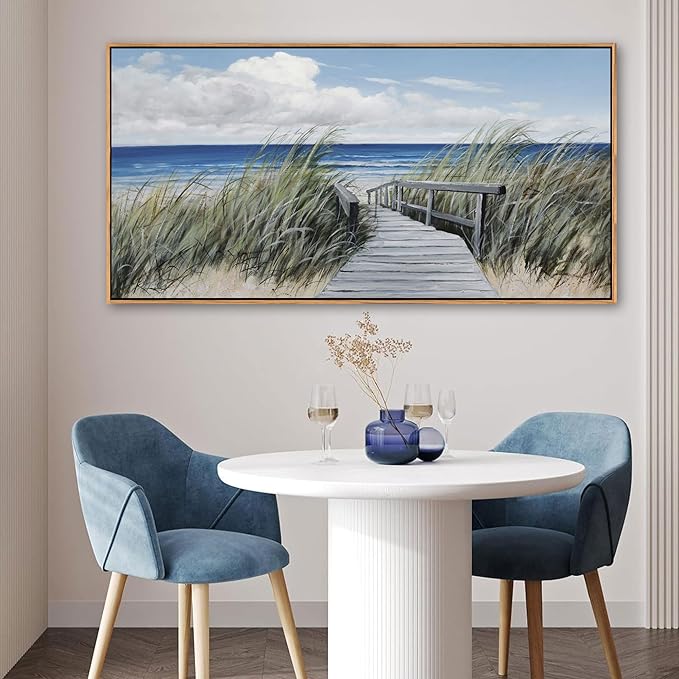 Coastal Wall Art for Living Room - Vintage Farmhouse Landscape Artwork for Walls, Framed Blue Seascape Canvas Decor, Beach Pictures for Bedroom, Ocean Wall Decor Home Decorations 24×48IN