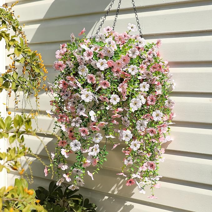 Artificial Flowers for Outdoors Spring Decor, 6 Bundles UV Resistant Realistic Fuax Silk Hanging Flowers, Fake Plants for Planter Indoor Outside Garden Porch Patio Balcony Yard (Pink White)