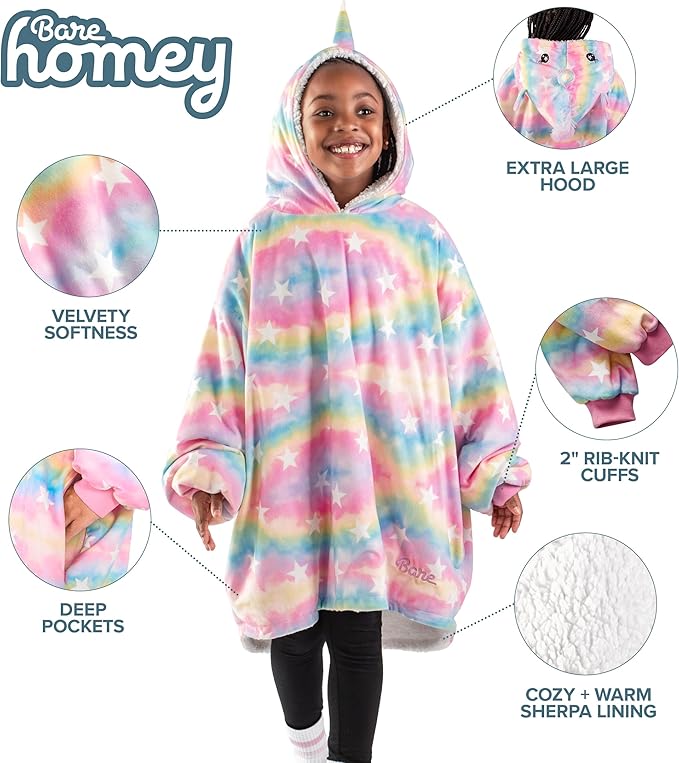Bare Home Wearable Blanket Hoodie - Soft Plush Sherpa - Warm and Cozy - Oversized Wearable Blanket - Adult & Kid Sizes