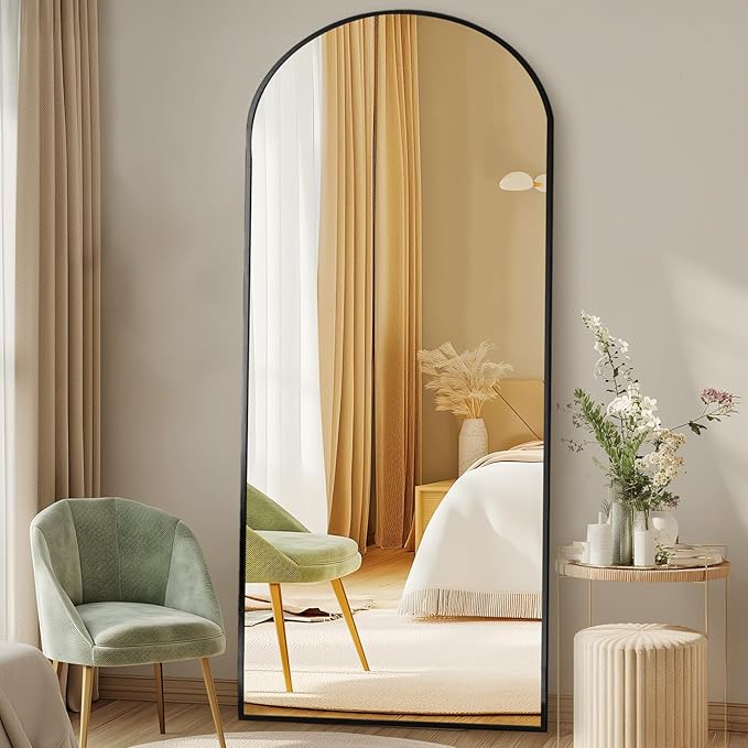 DUMOS Arched Full Length Mirror with Stand Floor Free Standing Aluminum Frame for Bedroom Body Hanging Leaning Modern Simple Home Decor Shatter-proorf Nano Glass Wall Black 65"x24"