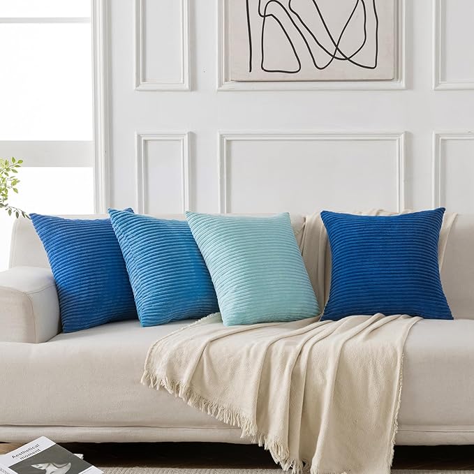 Volcanics Set of 4 Light Blue Corduroy Decorative Couch Throw Pillow Covers 18x18 Inch, Soft Modern Boho Striped Accent Cushion Cases for Beach, Patio, Balcony, Summer Gradient Shams Home Decor