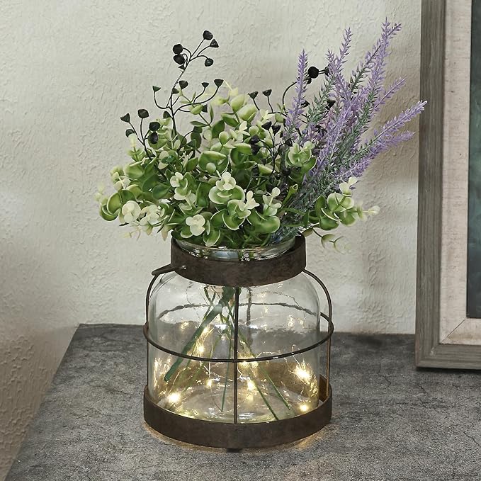 Vintage Glass Farmhouse Vase, Rustic Lantern Decor with Plants Lavenders Lights Vintage Style Vase for Home Decor Floral Arrangement Housewarming Hostess Gift