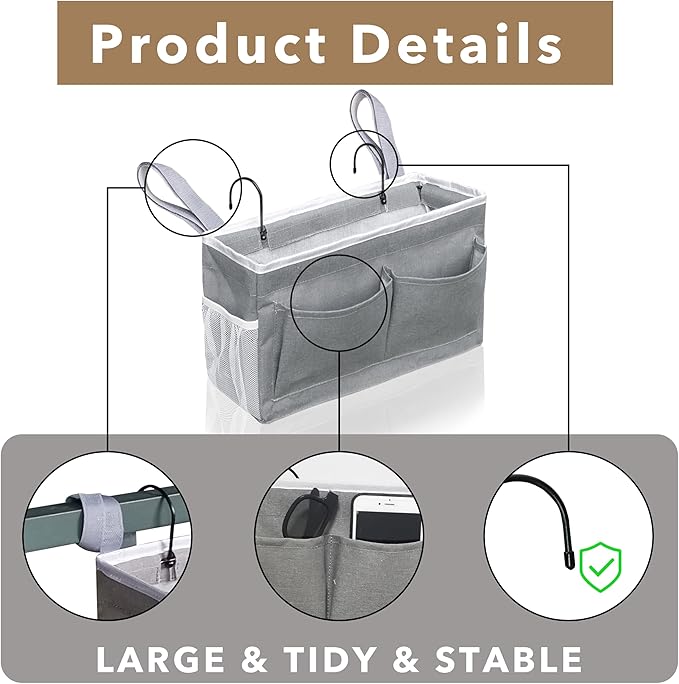 1pcs Bedside Caddy, Large Storage Organizer, Hanging Bag Holder with Pockets for Bedroom, Loft Bed Tent, Top Bunk bed Shelf Accessories (1pcs Grey new)