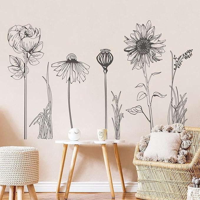 Black Simple Flower Plant Wall Decals, 2 Sheets Large Boho Floral Modern Wall Stickers Peel Stick Sketch Wildflower Wallpaper Art Decor for Bedroom Living Room Office Gifts for Mom(11.8x35.4 in/Sheet)