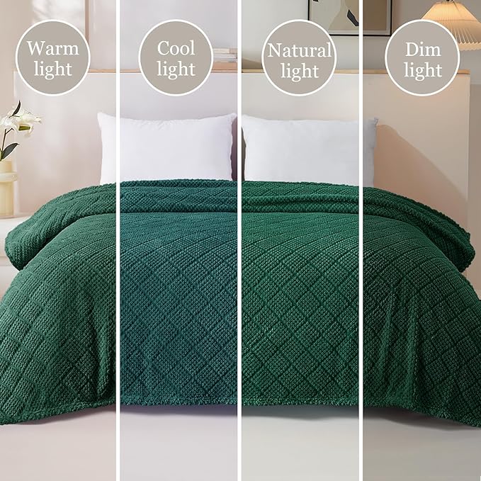 Whale Flotilla Fuzzy Fleece Queen Size Blanket for Bed, Soft Fluffy Jacquard Waffle Blankets for All Season, Lightweight and Warm, 90x90 Inch, Emerald Green