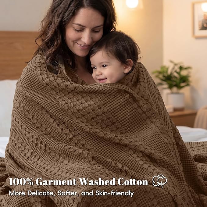 PHF 100% Cotton Waffle Weave Blanket Twin Size for Bed, Soft Lightweight & Breathable for Spring and Summer, All-Season Comfort, Luxury Aesthetic Blanket for Home Decor, 66"x90", Chocolate