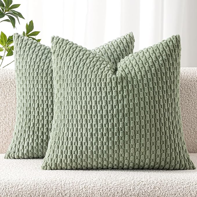 MIULEE Pack of 2 Decorative Throw Pillow Covers 20x20 Inch Soft Boho Striped Textured Corduroy Pillow Covers Spring Modern Farmhouse Home Decor for Couch Bed Sofa Living Room Sage Green
