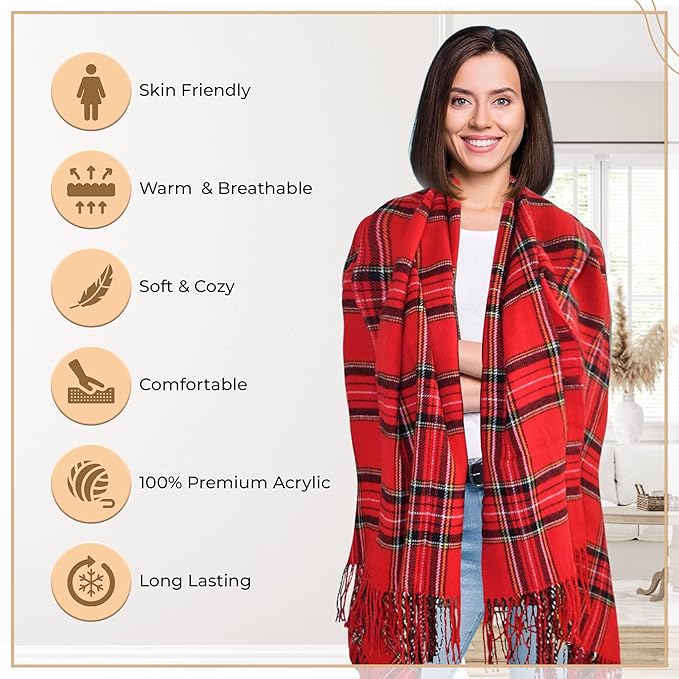Plaid Throw Blanket, Classic Farmhouse Style Holidays Christmas Lightweight Decoractive Cashmere Like Ultra-Soft – Ideal for Living Room, Bed, Couch, Travelling, Gift for Her (Red Multi, 50"x60")