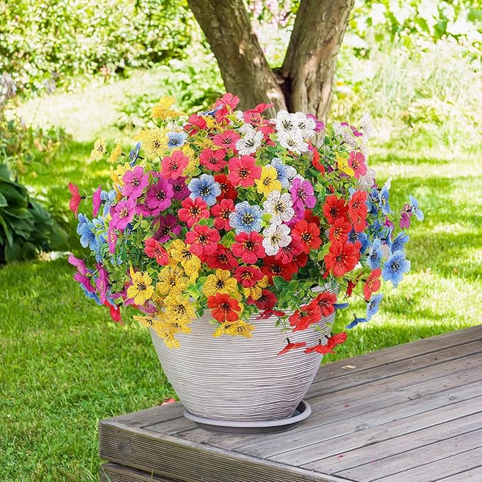 Artificial Spring Flowers Outdoor Faux Plants UV Resistant Fake Patio Flowers Plastic Greenery Plnats Outside Bulk for Spring Garden Hanging Planter Home Vase Decor, 36 Bundles (Multicolor)