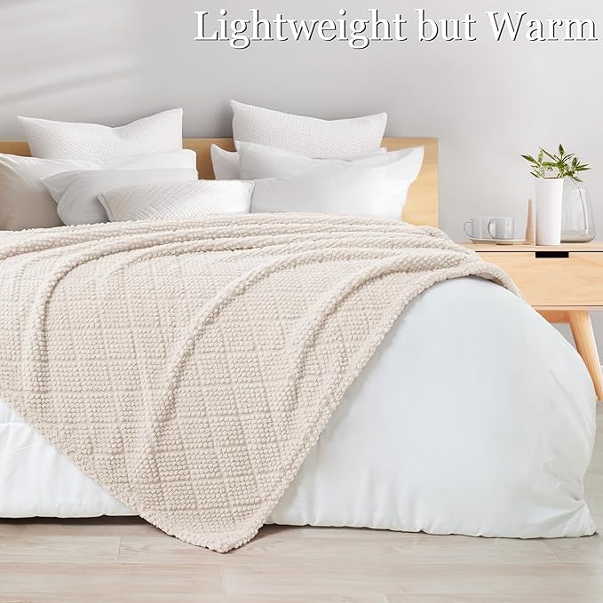 Whale Flotilla Fuzzy Fleece Throw Blanket for Couch, Bed, Soft Fluffy Jacquard Waffle Blankets for All Season, Lightweight and Warm, 50x60 Inch, Ivory
