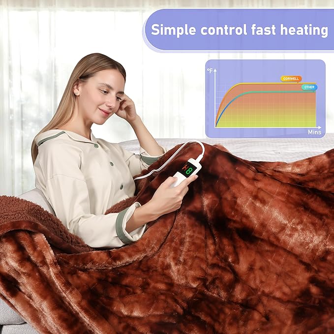 Electric Heated Blanket Throw 50''x60''Size Faux Fur Heating Blanket 10 Heating Settings, 1-8h Timer & Overheat Protection, Machine Washable, Soft Flannel and Sherpa Full Body Warmth