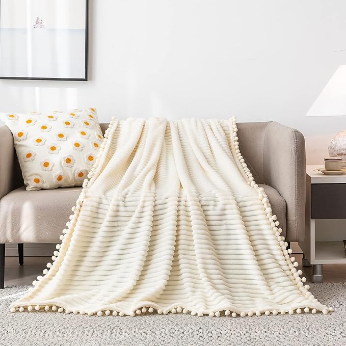 DISSA Fleece Blanket Queen Size – 90x90, Beige - Soft, Plush, Fluffy, Fuzzy, Warm, Cozy – Perfect Throw for Couch, Bed, Sofa - with Pompom Fringe - Flannel Blanket