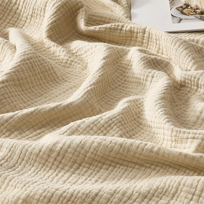 WDCOZY 100% Cotton Muslin Blanket King Size 4-Layer for Bed Breathable Lightweight Soft Large Boho Farmhouse Linen Tassels Ruffle Gauze Blankets All Season for Adults 108x90 Inches Beige Tan Neutral