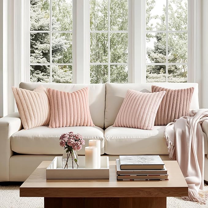 MIULEE Faux Fur Plush Decorative Throw Pillow Covers 18x18 Set of 4, Valentine's Day Cute Modern Soft Romantic Fuzzy Striped Cushion Covers Girl for Sofa Couch Bed Living Room Cozy Home Decor,Pink