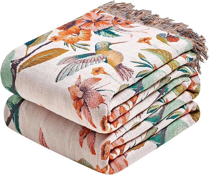 Boho Throw Blanket - 60"x80" 100% Cotton Ultra Soft Lightweight Spring Blanket, 4-Layer Breathable Muslin Blankets for Bed Couch, Reversible Blue Floral Bird Printed Bohemian Cotton Quilt