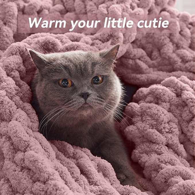 Chunky Knit Throw Blanket, 80''*90'' Knitted Throw Chenille Yarn for Bed Couch, Handmade Muted Pink Crochet Big Thick Blanket, Machine Washable Cute Comfy Blanket for Home Decor