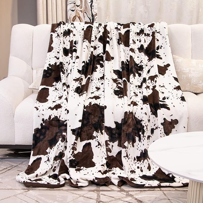 Cow Print Blanket for Bed & Couch, Soft Plush Fuzzy Fleece Throw Blanket for All Seasons, Cozy Warm Farmhouse Decor, Birthday Gifts for Teenage Girls Boys Women, Brown & White 50x60 Inch