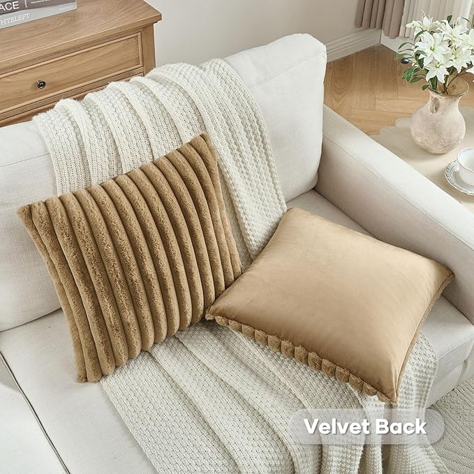 FUTEI Camel Decorative Throw Pillow Covers Set of 2, 18x18 Inch Soft Fluffy Faux Fur Plush Striped Cushion Cases, Modern Home Decor for Couch Bed Living Room