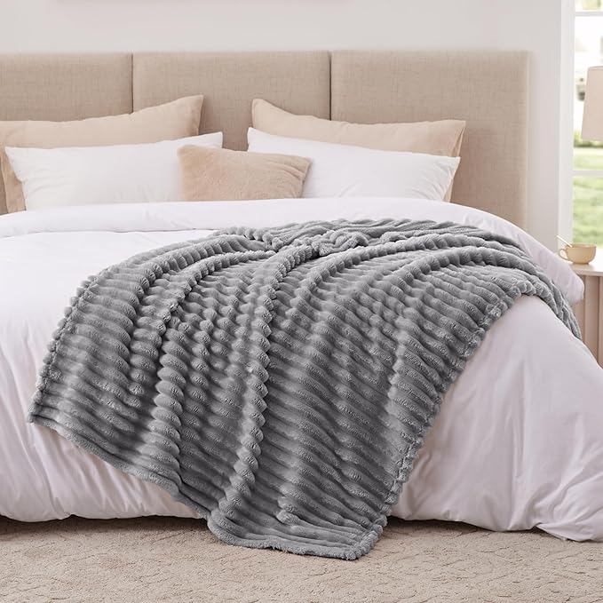 EXQ Home Fleece Throw Blanket for Couch or Bed - 3D Stripe Jacquard Decorative Blankets - Cozy Soft Lightweight Fuzzy Flannel Blanket Suitable for All Seasons(50"×60",Light Grey)