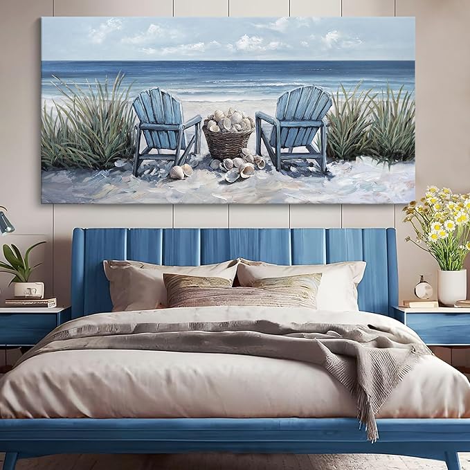 HGUAOA Coastal Wall Art - Large Landscape Wall Pictures for Living Room, Bedroom Pictures, Ocean Beach Artwork, Blue Wall Art, Above Bed Decor, Coastal Landscape Beach Pinting