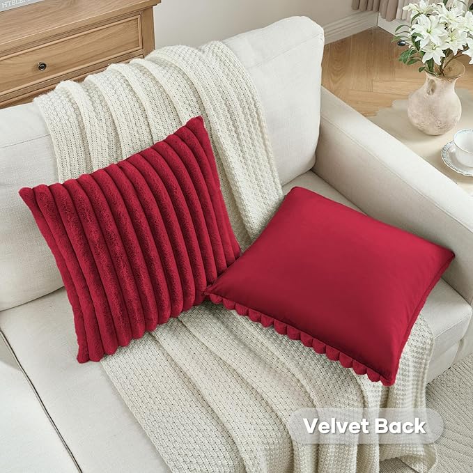 FUTEI Retro Red Decorative Throw Pillow Covers Set of 2, 16x16 Inch Soft Fluffy Faux Fur Plush Striped Cushion Cases, Modern Home Decor for Couch Bed Living Room