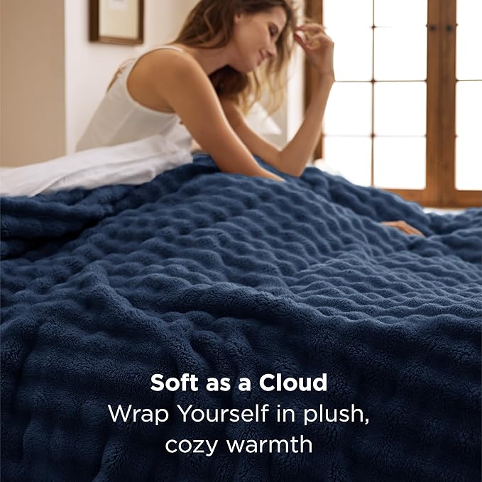 Bedsure 3D Fleece Bubble Blanket - GentleSoft Blue Queen Blanket for Bed Sofa Room Decor - Luxury Soft Cozy Gifts for Her, Lightweight, All Seasons, Navy Blue, 90"×90"