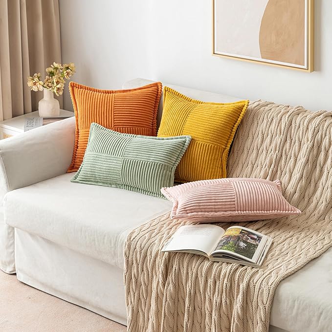 MIULEE Burnt Orange Decorative Lumbar Throw Pillow Covers for Couch Bed Livingroom 12x20 Inch Set of 2 Boho Accent Throw Pllows Broadside Striped Patchwork Soft Corduroy Pillowcases