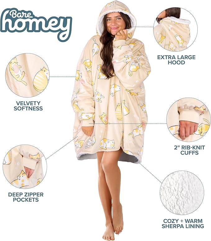Bare Home Wearable Blanket Hoodie - Soft Plush Sherpa - Warm and Cozy - Oversized Wearable Blanket - Adult & Kid Sizes
